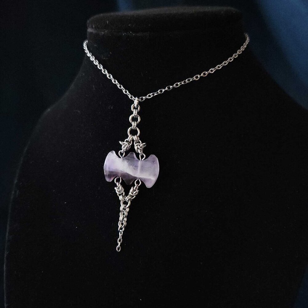 Gothic Victorian purple quartz chainmail necklace with a small silver chain
